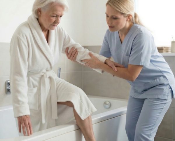 Seniorin beim sicheren Einstieg durch eine Badewannentür